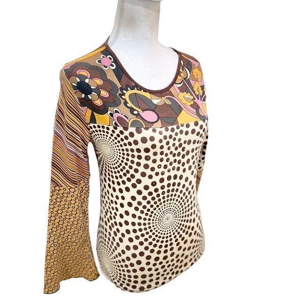 Lapis multi print bell sleeve cotton top beaded in cream/ browns/mauve sz small - Picture 7 of 11